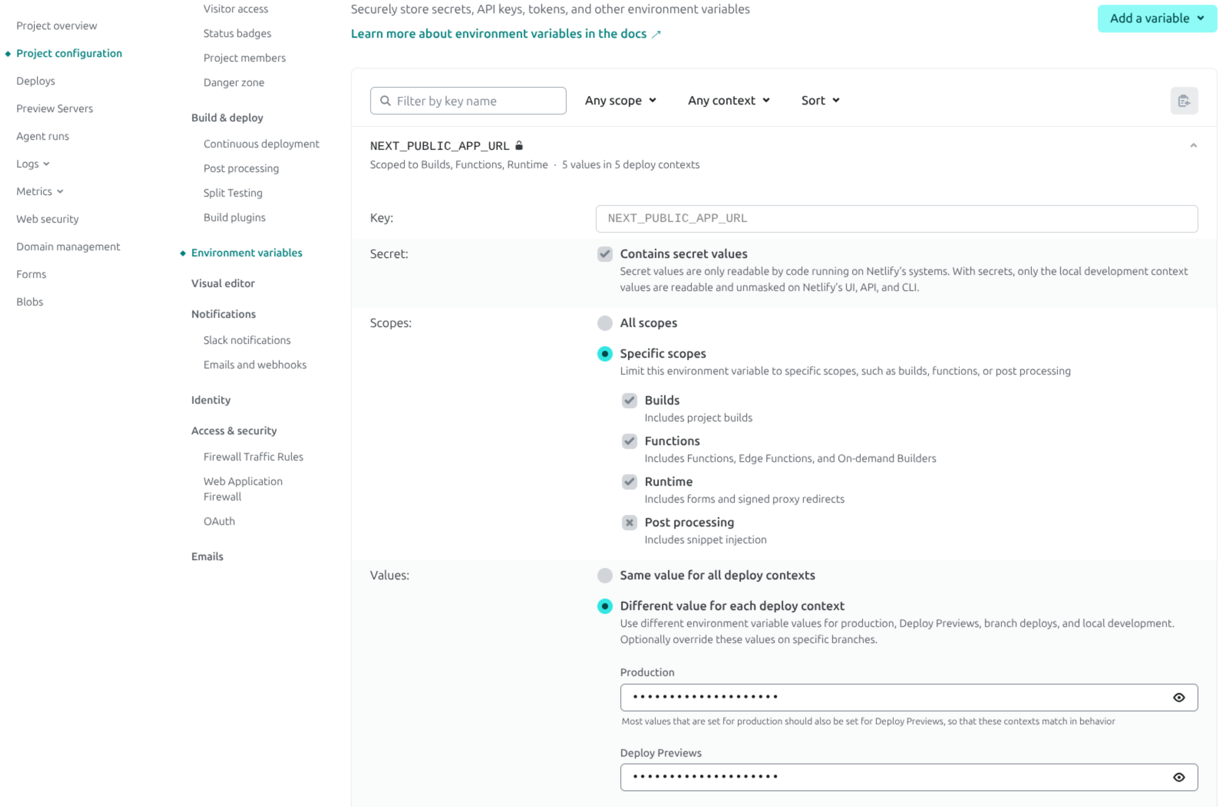 Netlify Environment Variables - Different values per environment